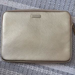 Kate Spade Gold Leather Zip Around Laptop Tablet iPad Case Sleeve, Lined